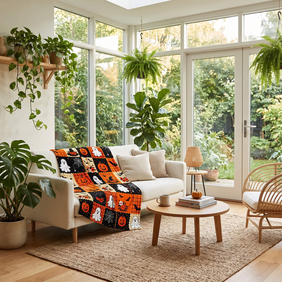 Halloween patchwork blanket on a sofa in a sunroom with plants