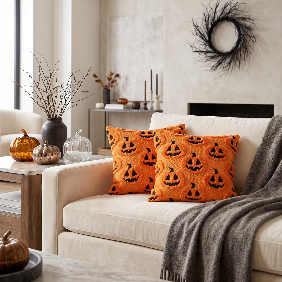 Pair of Jack-o'-Lantern cushion covers on a dark sofa by a fireplace