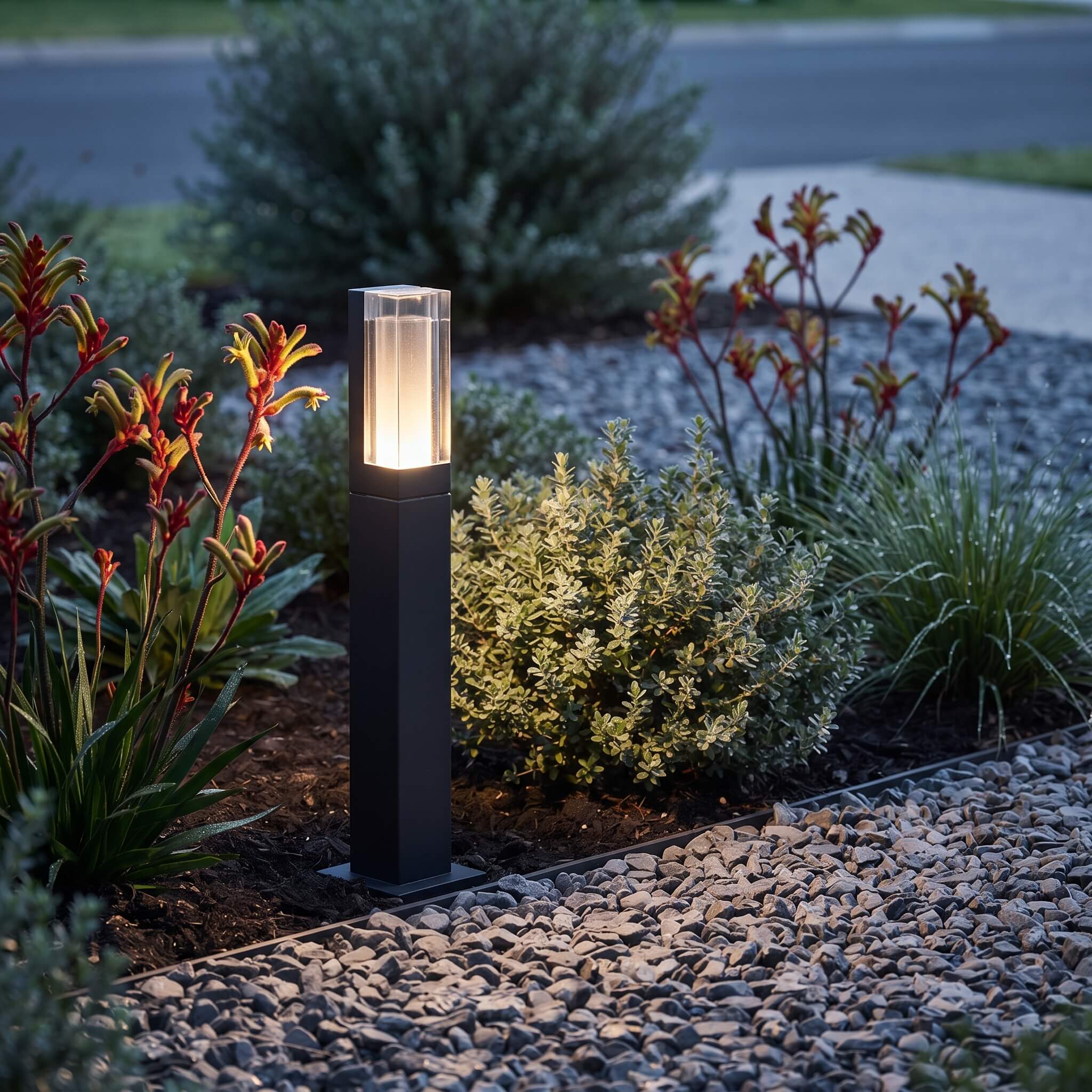 Beacon bollard light glowing warm in a native garden bed at dusk