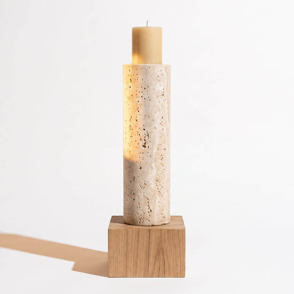 A modern cylindrical candle holder made of speckled travertine stone, illuminated from within to cast a warm glow, with a beige pillar candle on top and a light wood block base.