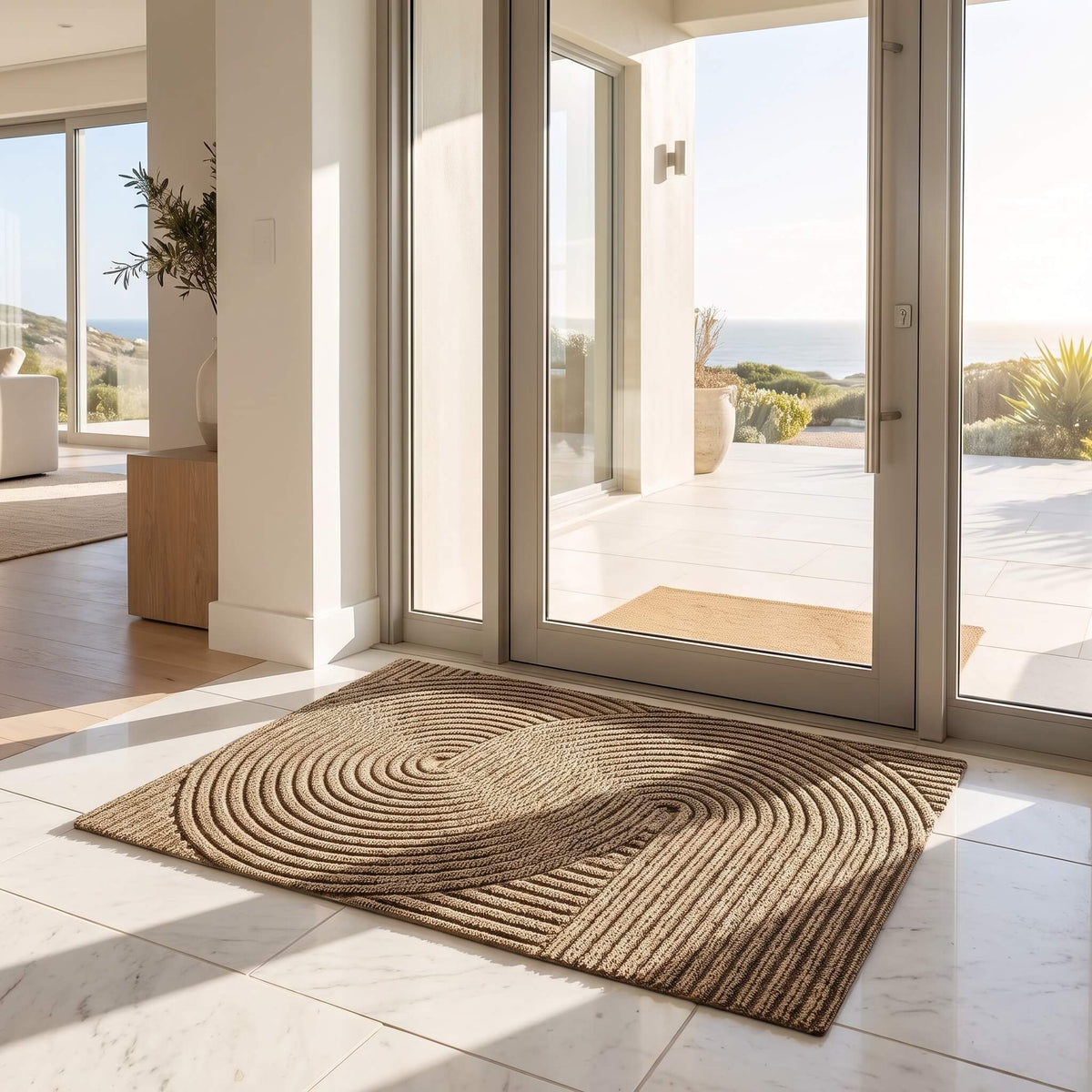 Khaki ribbed door mat lying flat at an open doorway