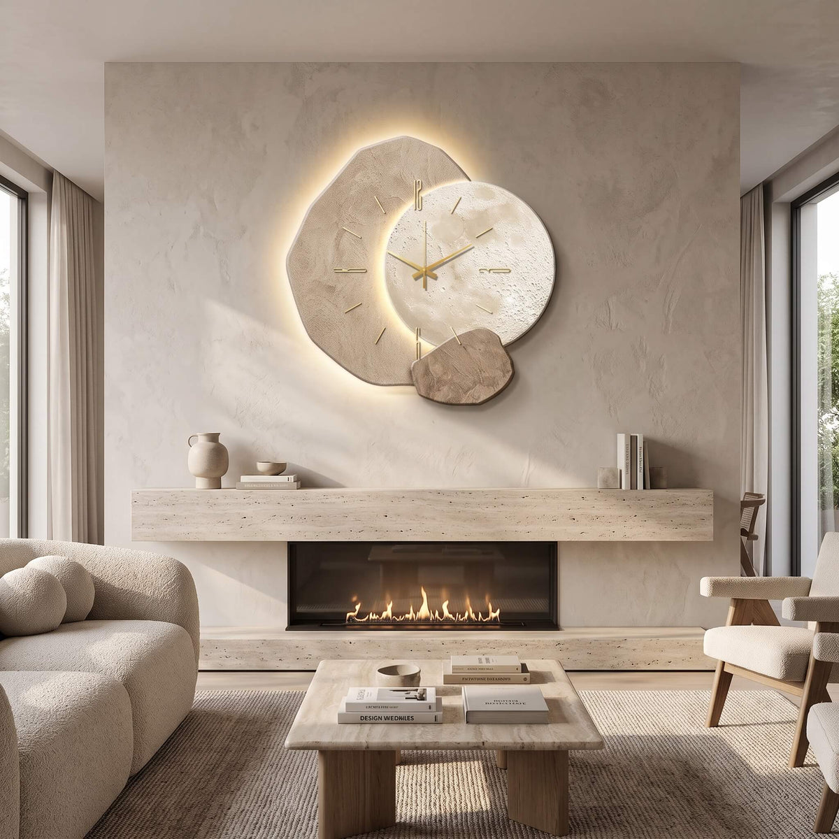 Backlit LED wall clock above a fireplace mantel