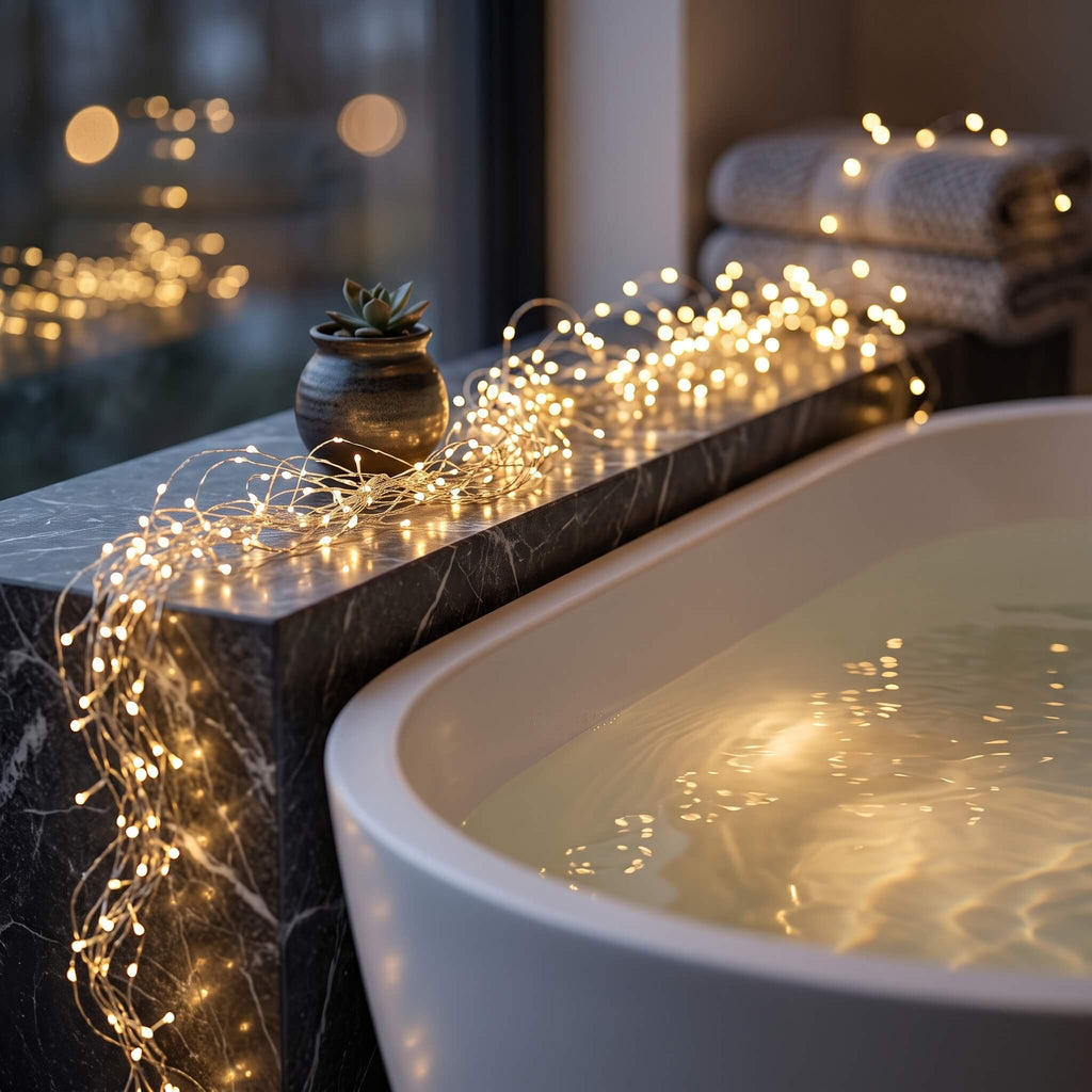 Warm white LED fairy string lights draped over a dark marble ledge beside a white bathtub, with a small potted succulent and folded towels in the background.