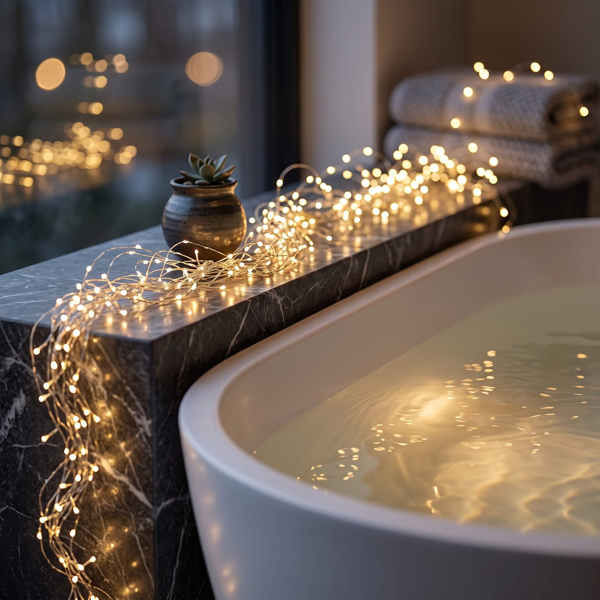 Warm white LED fairy string lights draped over a dark marble ledge beside a white bathtub, with a small potted succulent and folded towels in the background.