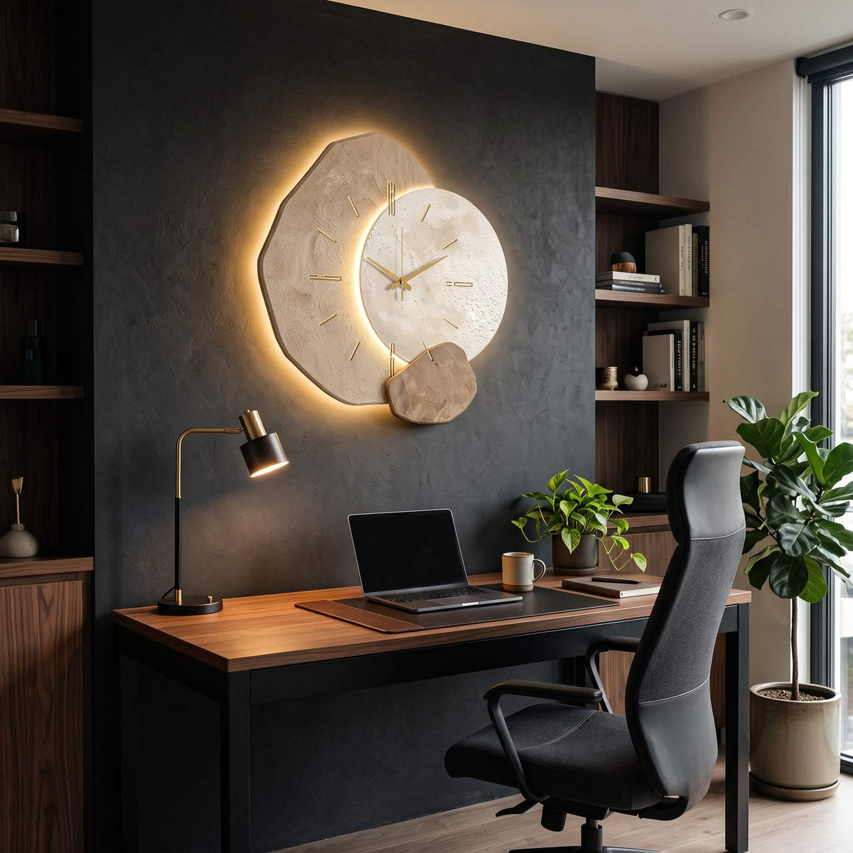 Abstract LED wall clock lit, throwing a halo onto the wall