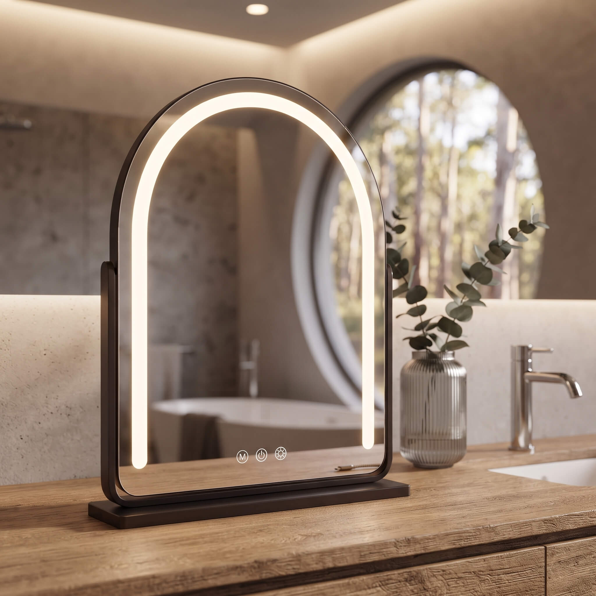 Arch LED vanity mirror lit on a bathroom vanity