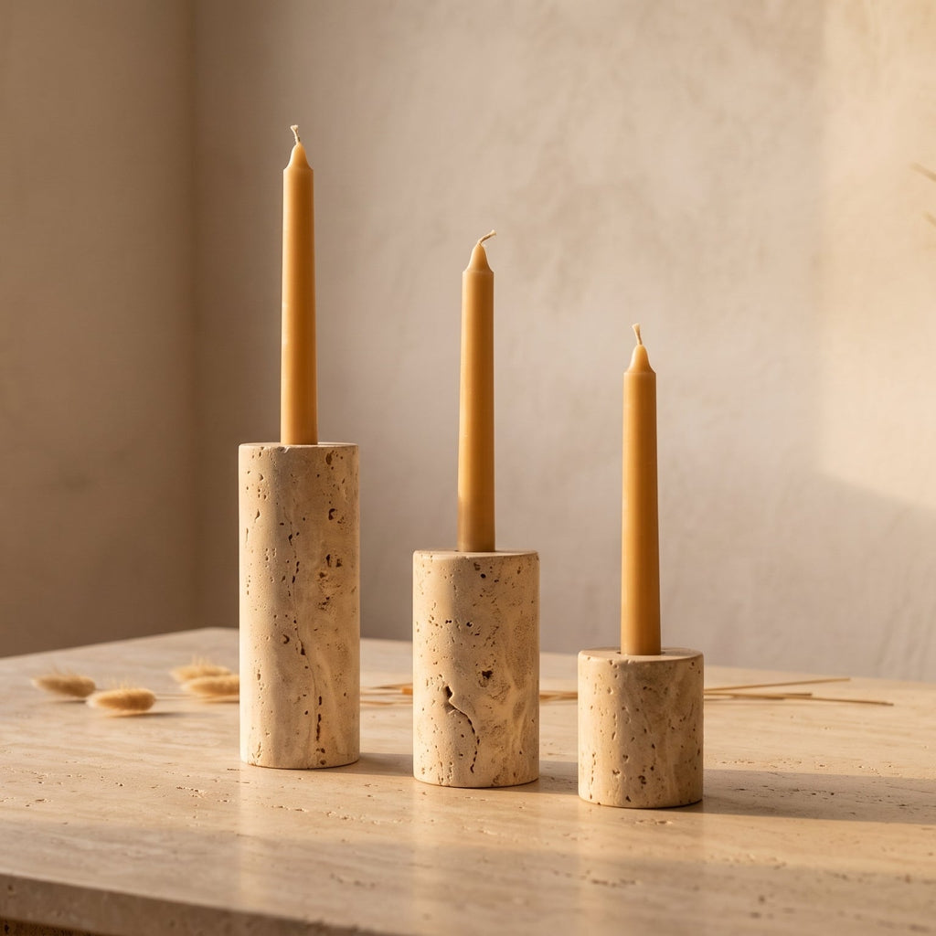 Three candles in stone holders on a wooden table with a neutral background