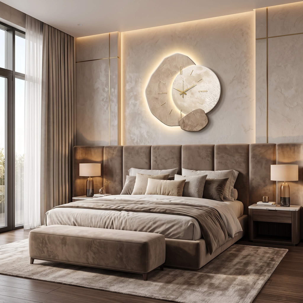 Modern LED wall clock in a luxury bedroom
