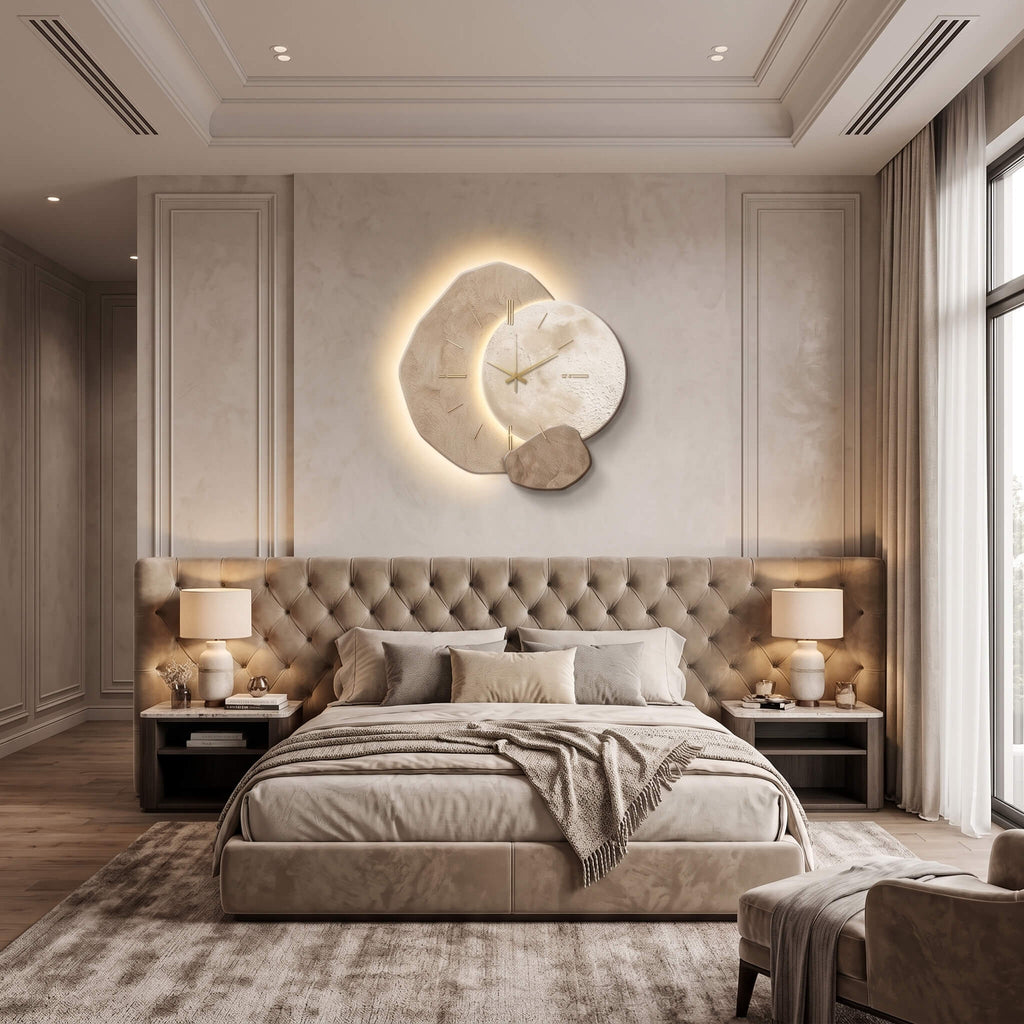 Large abstract wall clock in a bedroom at night