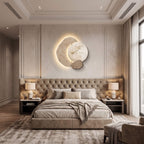 Large abstract wall clock in a bedroom at night