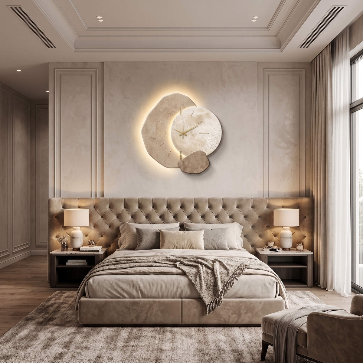 Large abstract wall clock in a bedroom at night