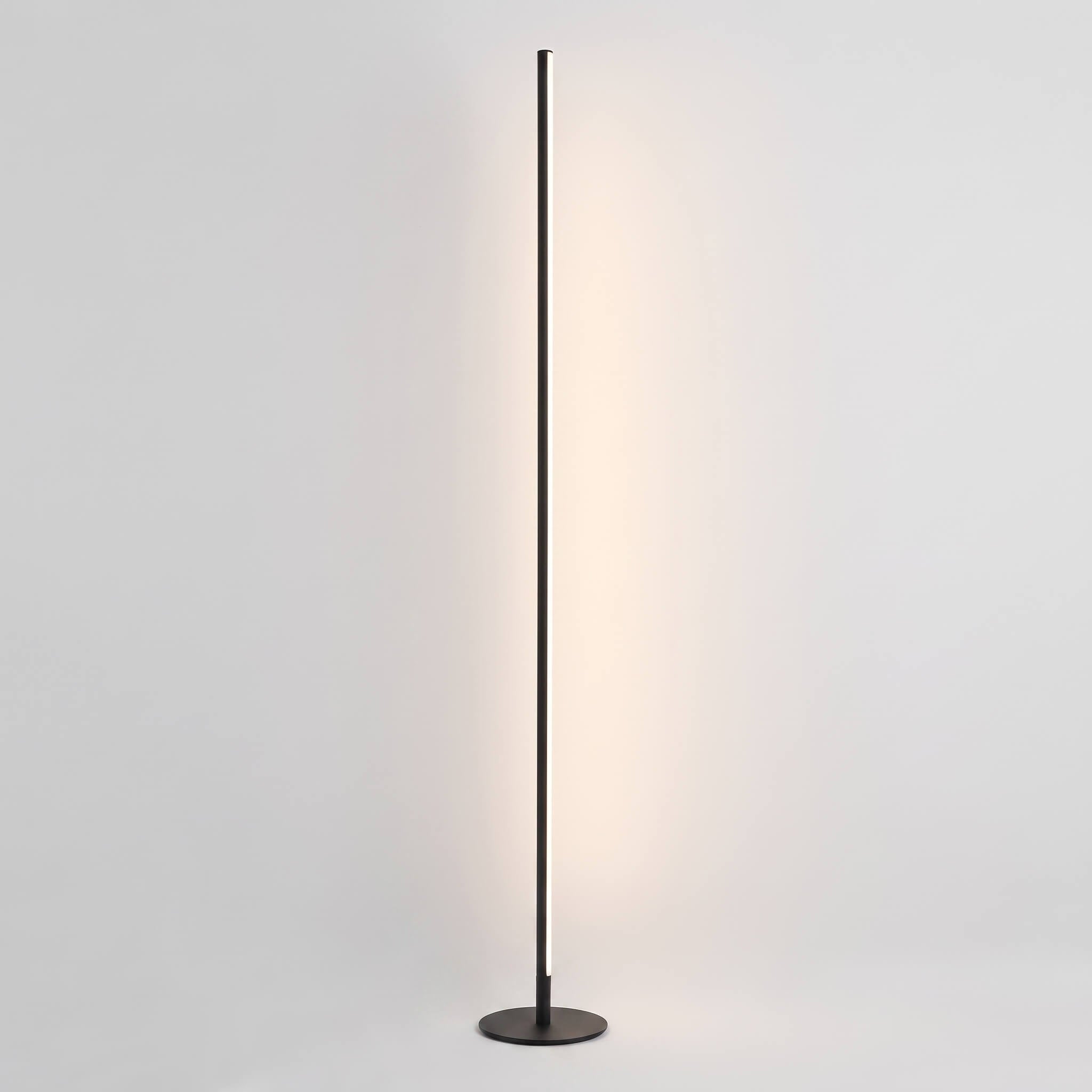 A modern slim floor lamp with a dark metal circular base and a long vertical rod emitting a warm light, shown against a plain light gray background.