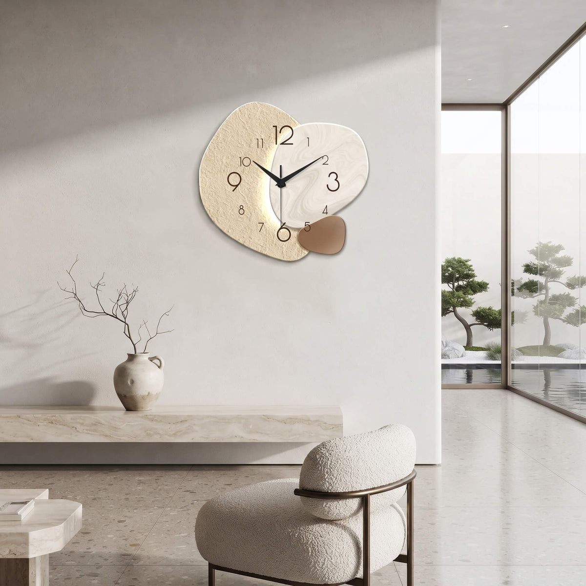 Silent abstract wall clock above a console table in a hallway