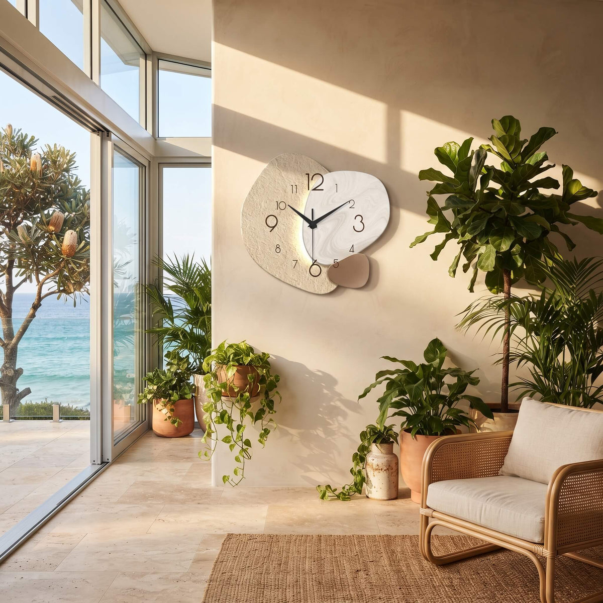Textured stone wall clock in a sunlit living room with indoor plants