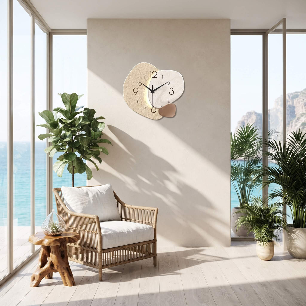 Abstract wall clock in a coastal living room with armchair and plants