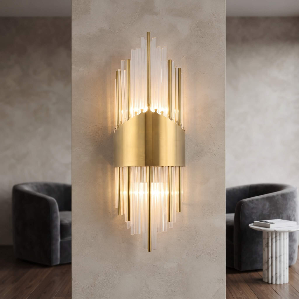 Front view of the brushed brass band and tiered glass rods