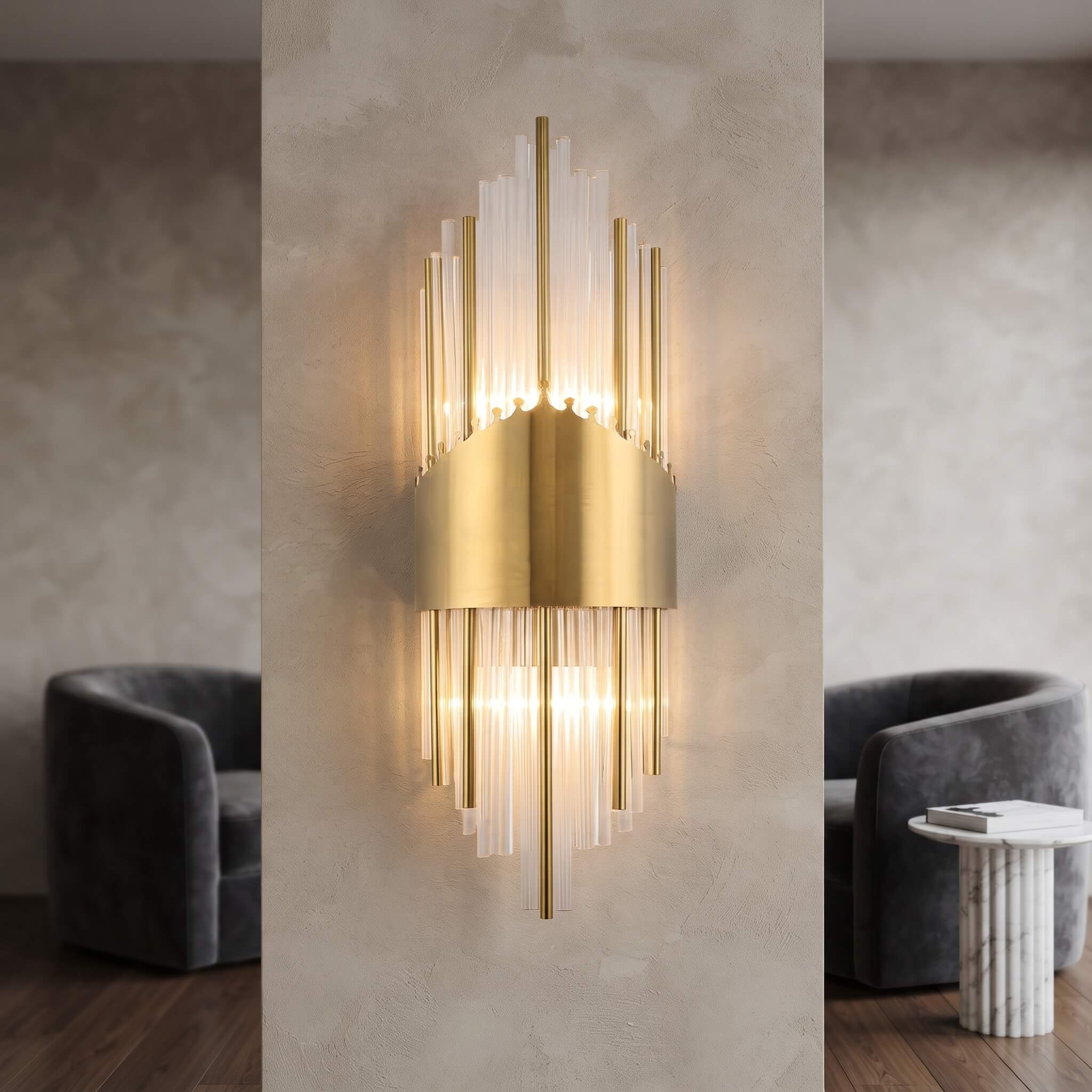Front view of the brushed brass band and tiered glass rods