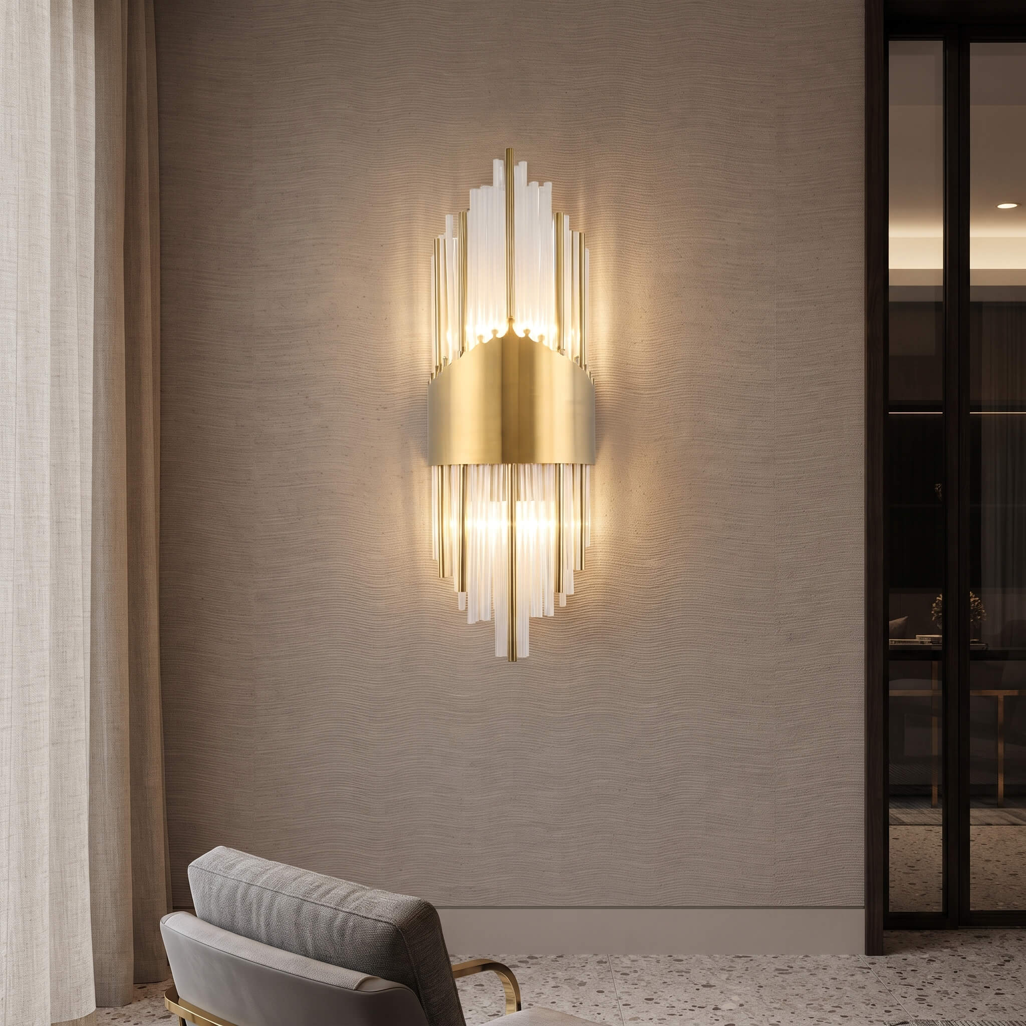 Art deco glass rod wall sconce on a plaster wall above terrazzo flooring