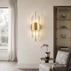 Art deco brass and glass wall sconce in a bright living space