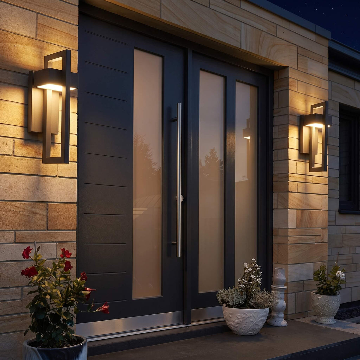Modern Hollow Outdoor Wall Light on a courtyard wall at dusk