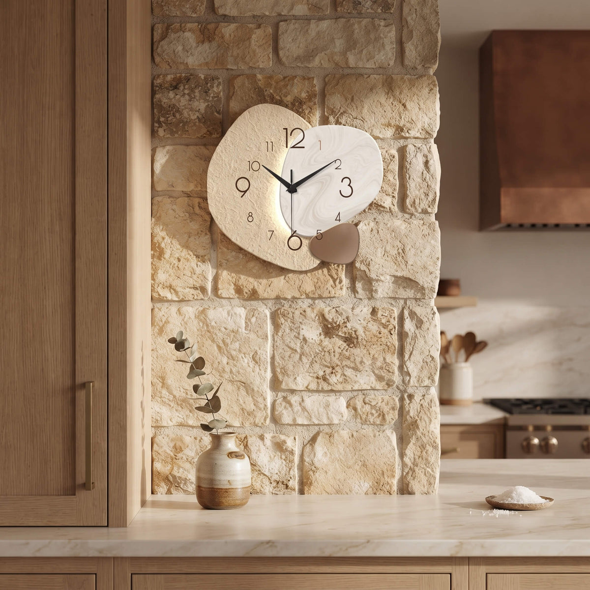 Textured stone abstract wall clock on a stone feature wall in a kitchen
