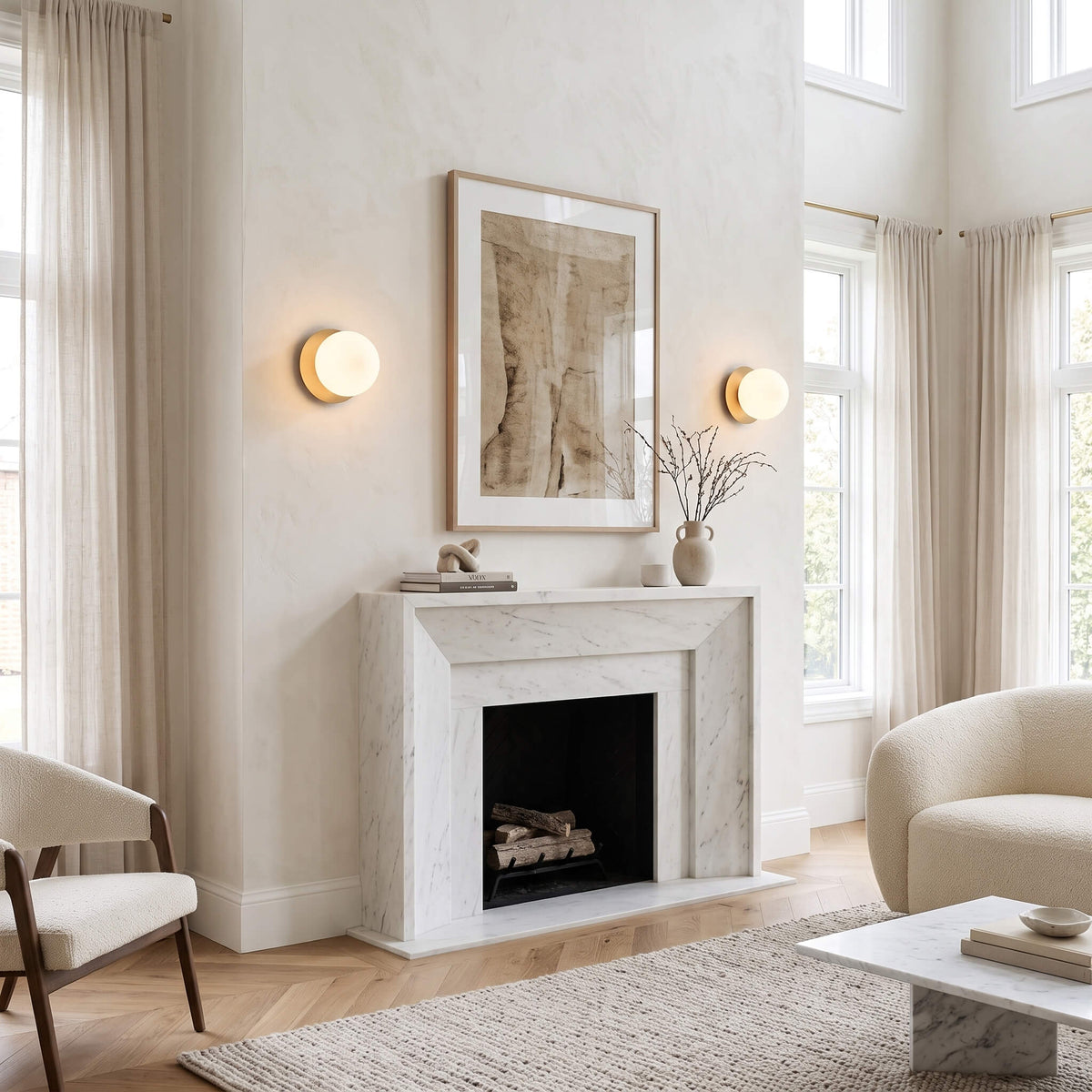 Globe wall lamps flanking a fireplace mantel
