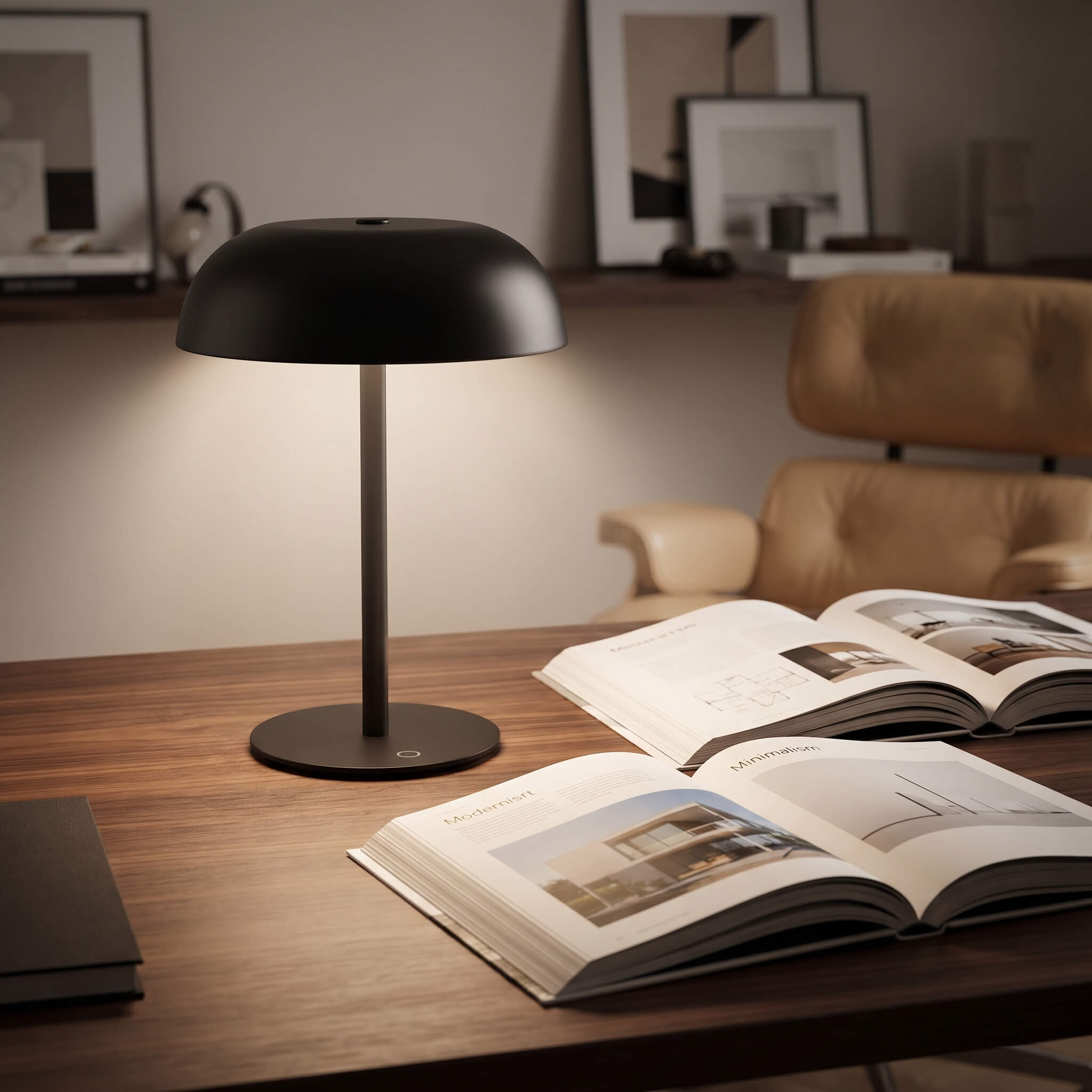 A modern black table lamp with a dome-shaped shade and slim base sits on a wooden desk, casting a warm glow. Open books and a leather chair are visible in the softly lit room behind it.