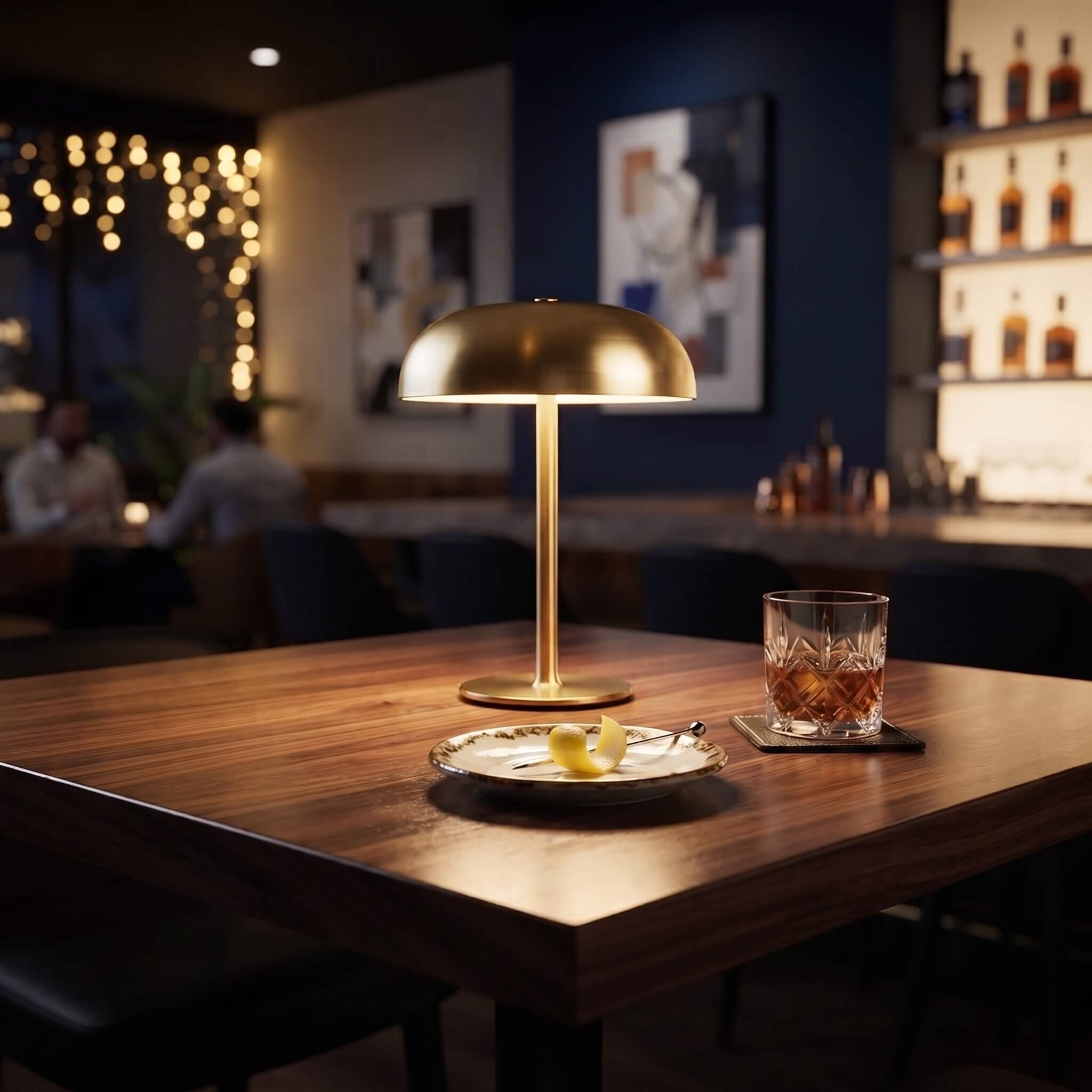 A modern brass table lamp with a dome shade and slim base sits on a wooden table in a dimly lit bar or restaurant setting, next to a glass of amber liquor.