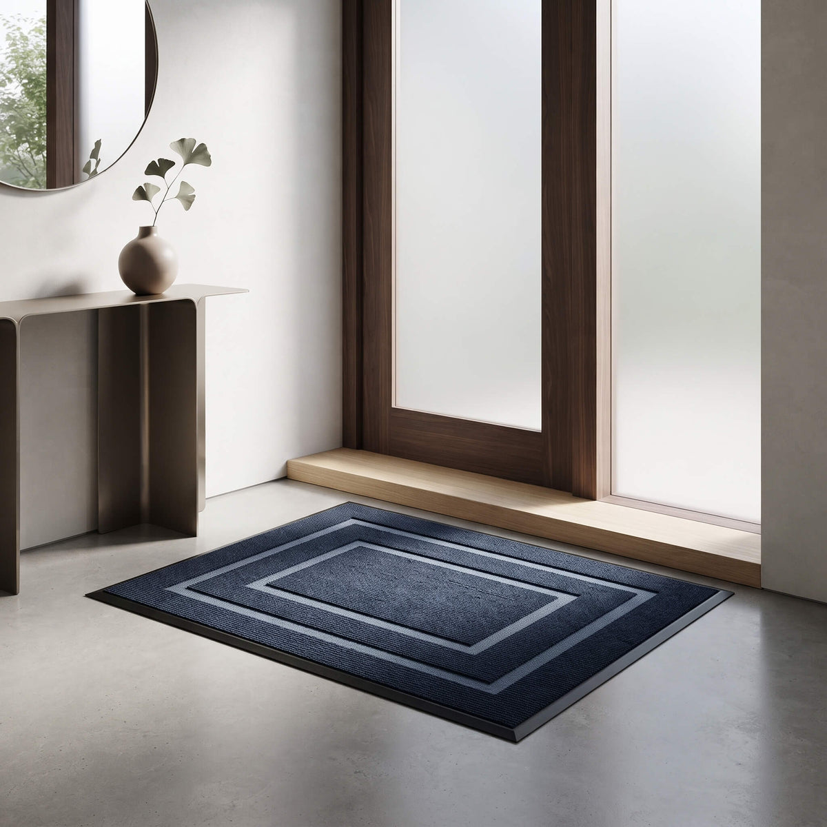 Navy blue dirt trapper door mat in an entryway
