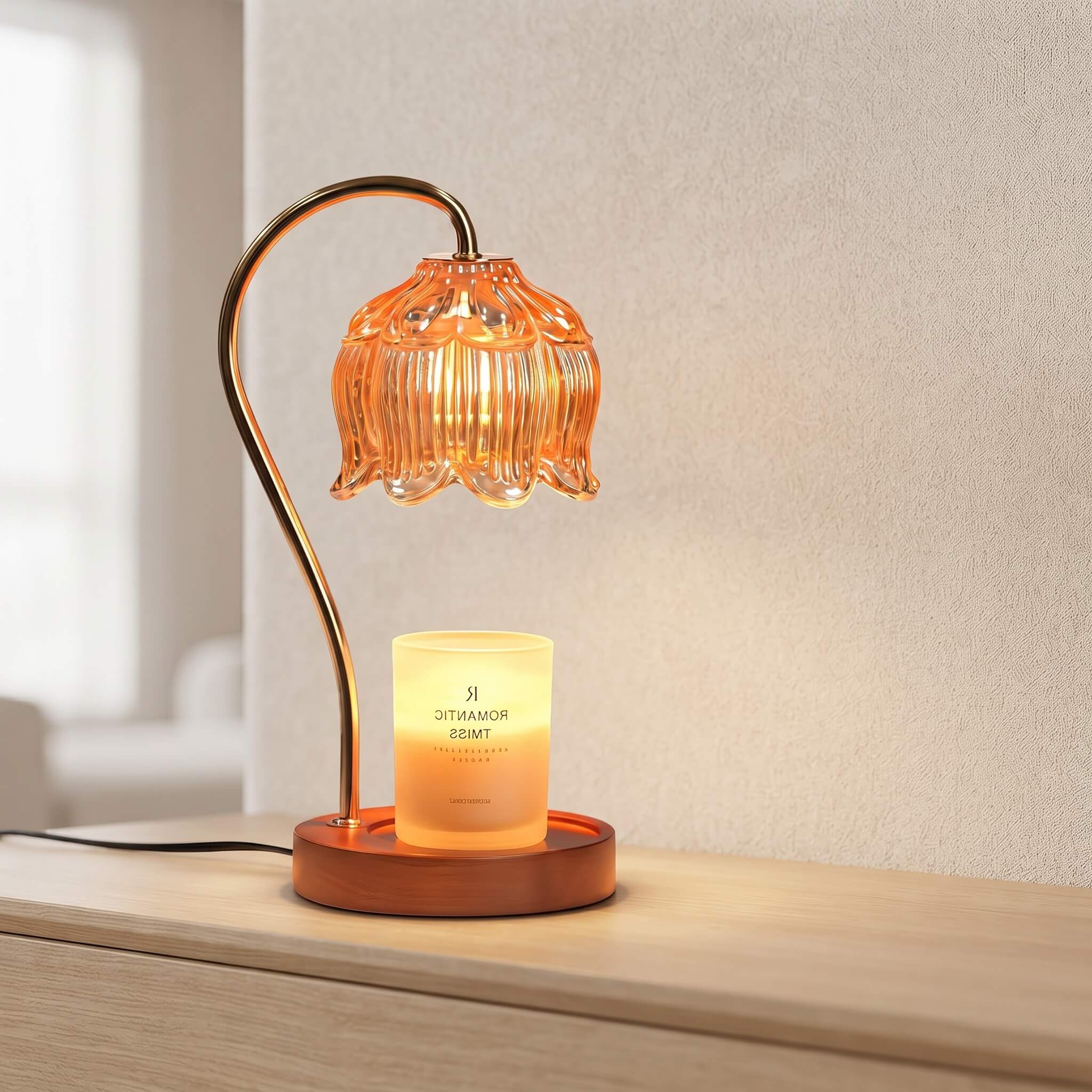 A lit amber glass flower-shaped table lamp with a curved metallic stem and a glowing candle holder in a round wooden base, placed on a light wood surface against a neutral wall.