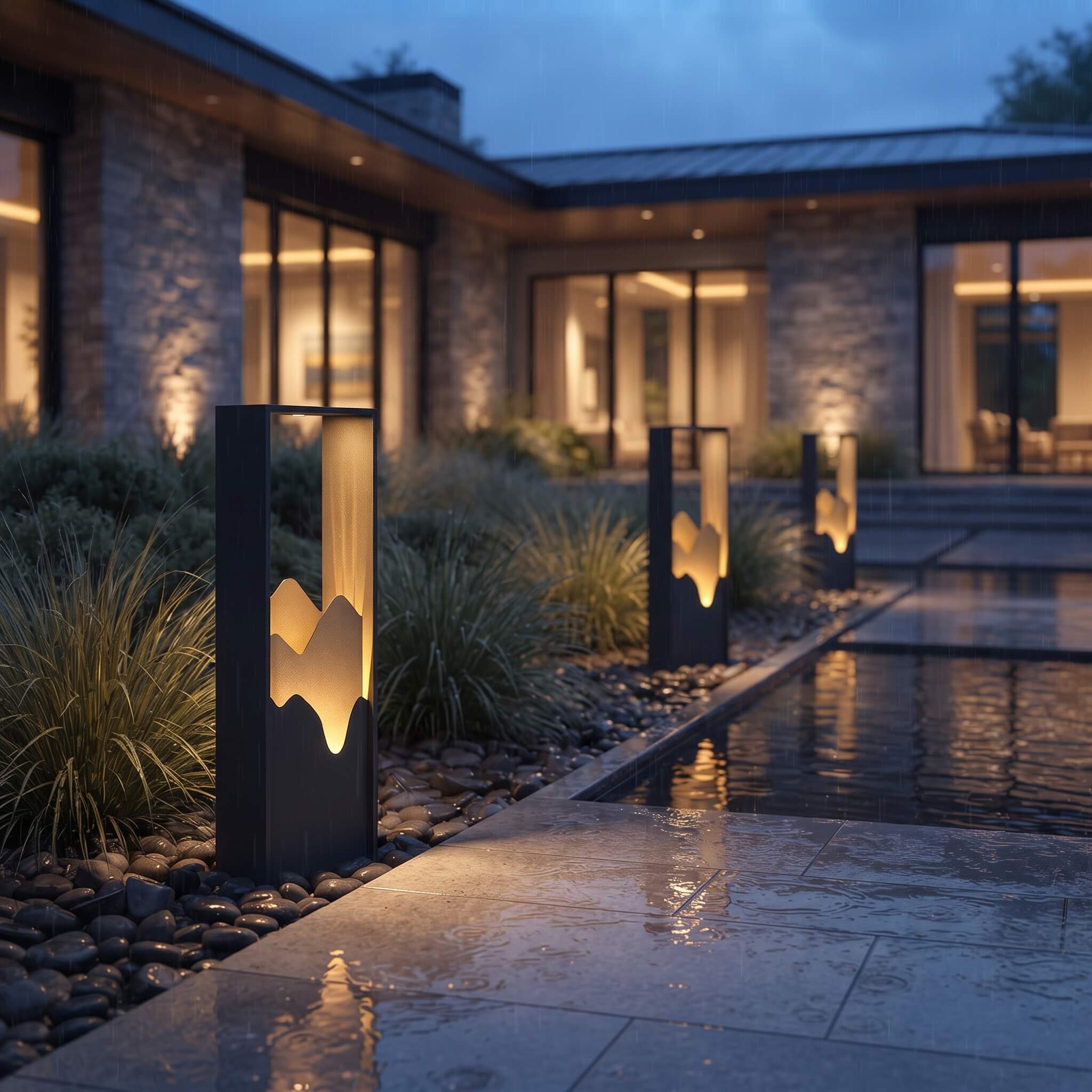 Ridge bollard lights casting light onto a walkway after dark