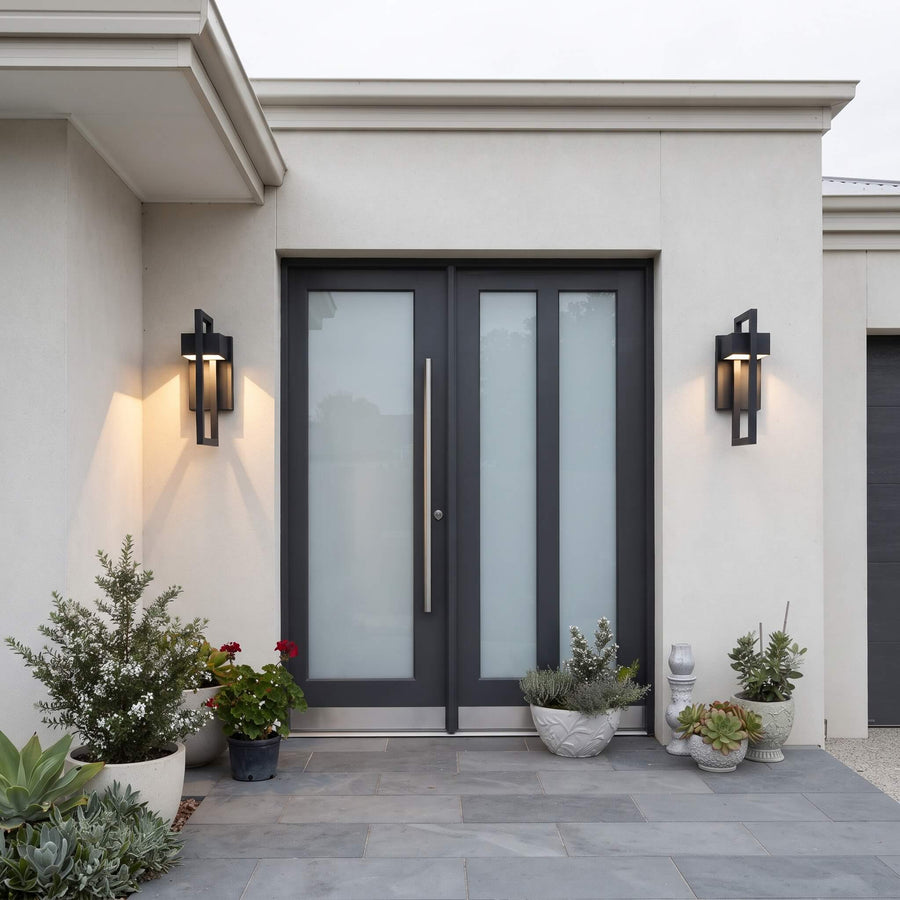 Modern Hollow Outdoor Wall Light showing its warm white light output
