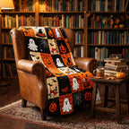 Halloween patchwork blanket draped over a leather reading chair