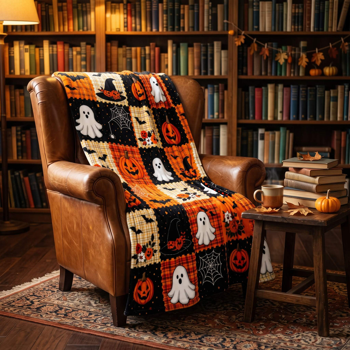 Halloween patchwork blanket draped over a leather reading chair