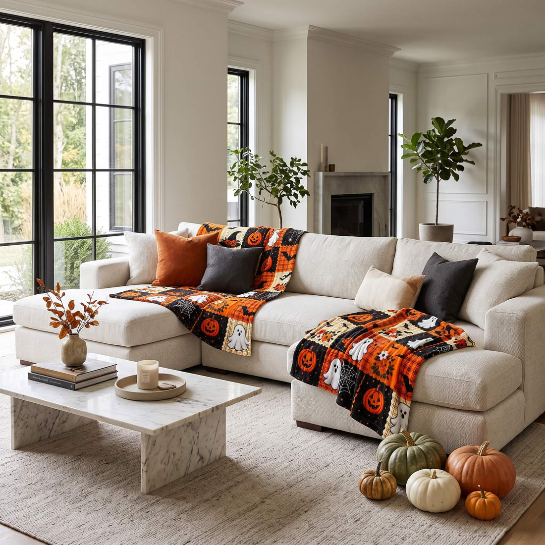 Halloween patchwork blanket spread across a large sectional sofa
