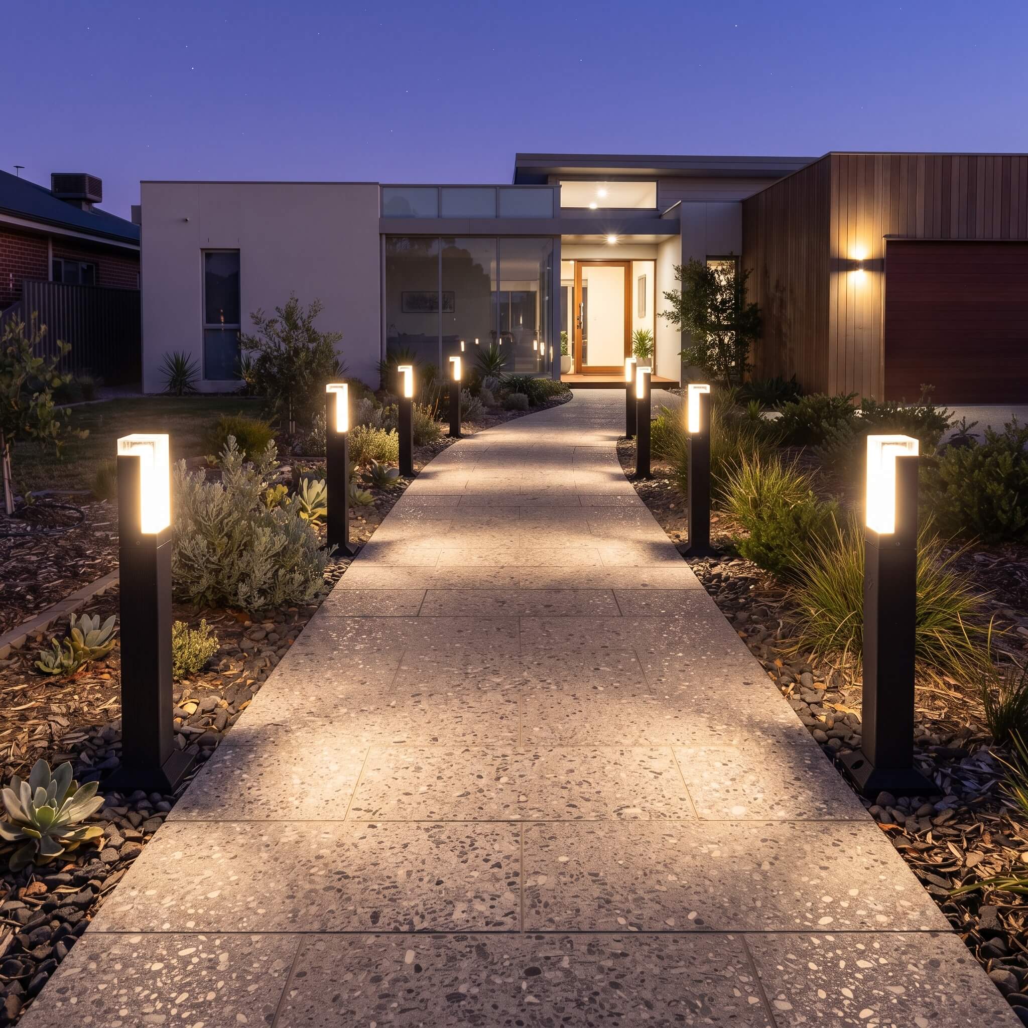 Path lined with Beacon bollard lights leading to a modern Australian home