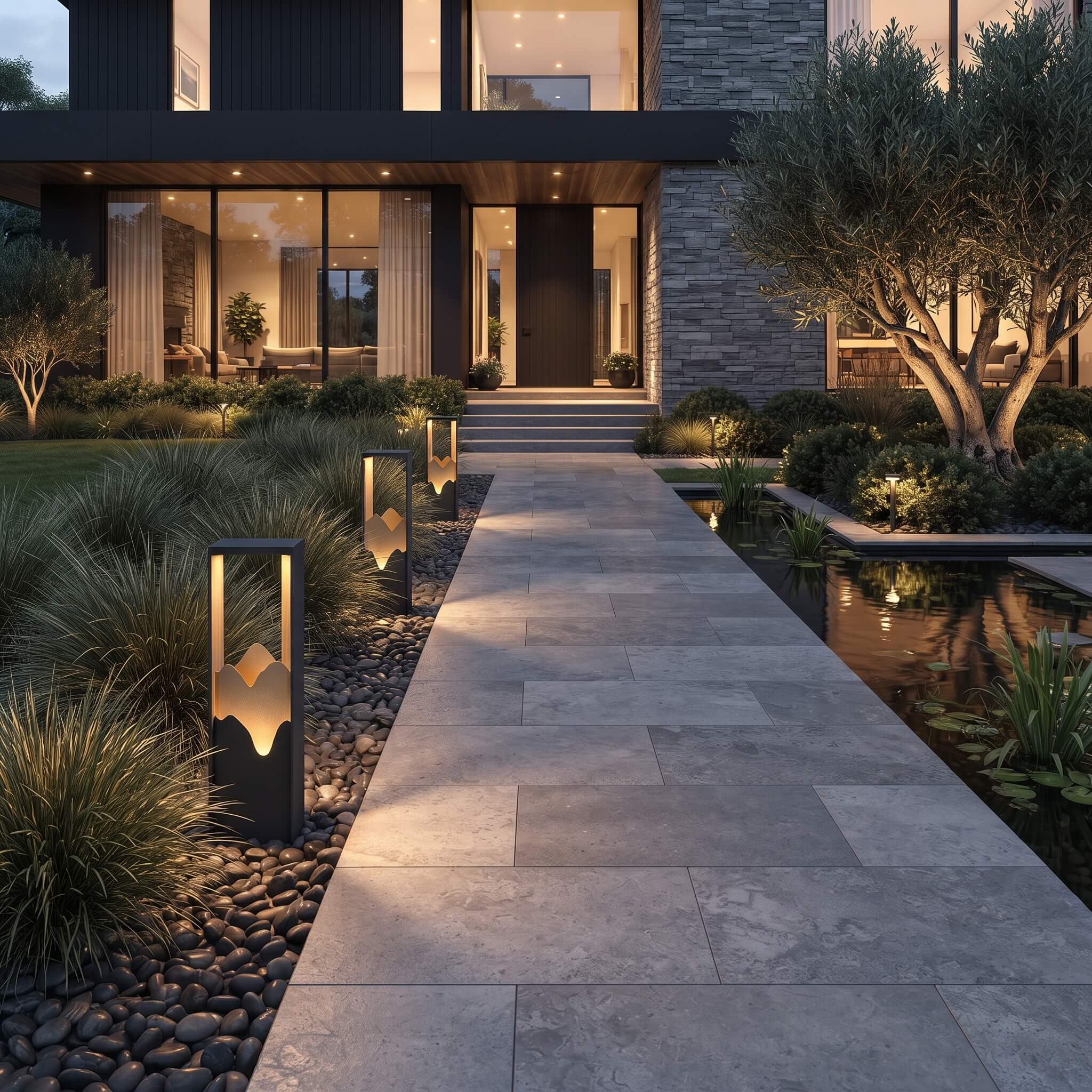 Pathway lined with Ridge bollard lights leading to a modern home