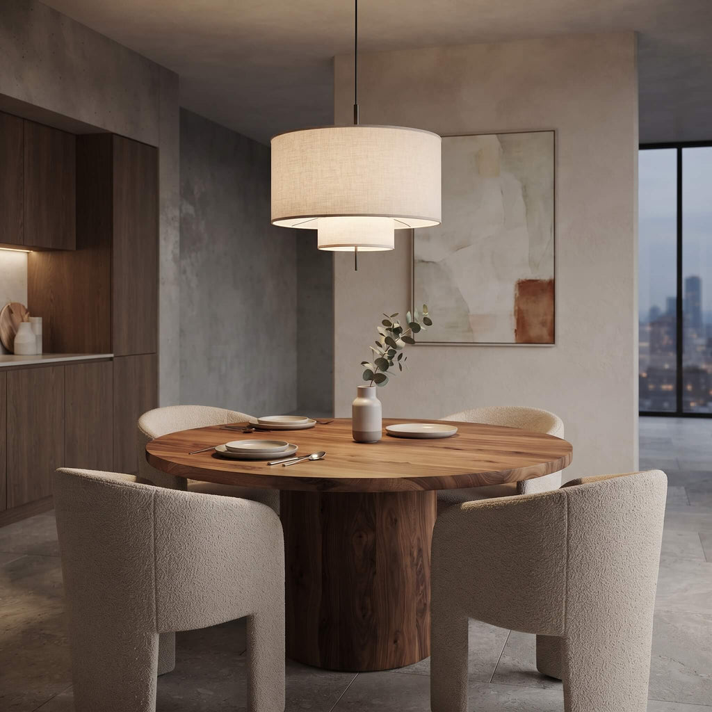 A modern dining room scene featuring a round wooden dining table with four upholstered dining chairs, a double-tiered drum pendant light, and a neutral-toned abstract wall art piece.