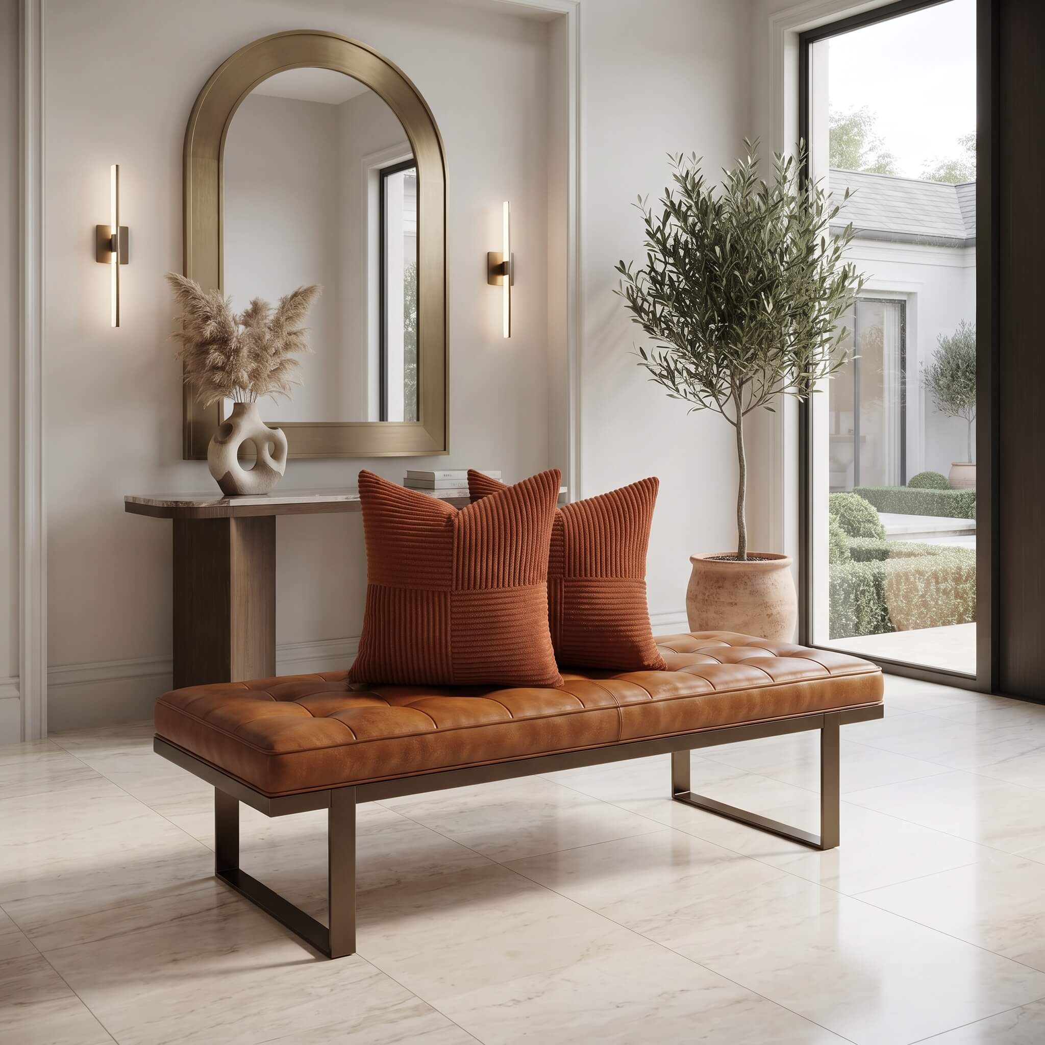 A modern tan leather tufted bench with dark metal legs in a bright, contemporary living room, styled with two rust-orange ribbed throw pillows. The room features a marble console table, a large arched gold-framed mirror, wall sconces, and a potted olive tree near large floor-to-ceiling windows.
