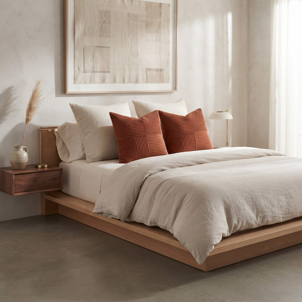 A modern platform bed with a light wood frame dressed in off-white linens and two rust-orange textured pillows, styled in a minimalist, warm-toned bedroom.