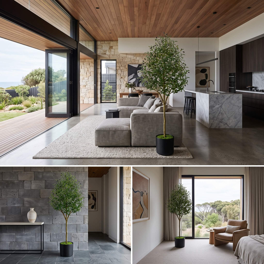 Positioning the faux olive tree beside furniture