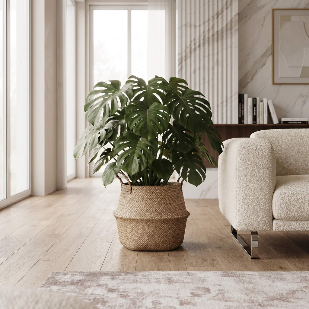 A large green monstera plant in a woven natural fiber basket planter, placed in a bright, modern living room next to a cream boucle armchair.
