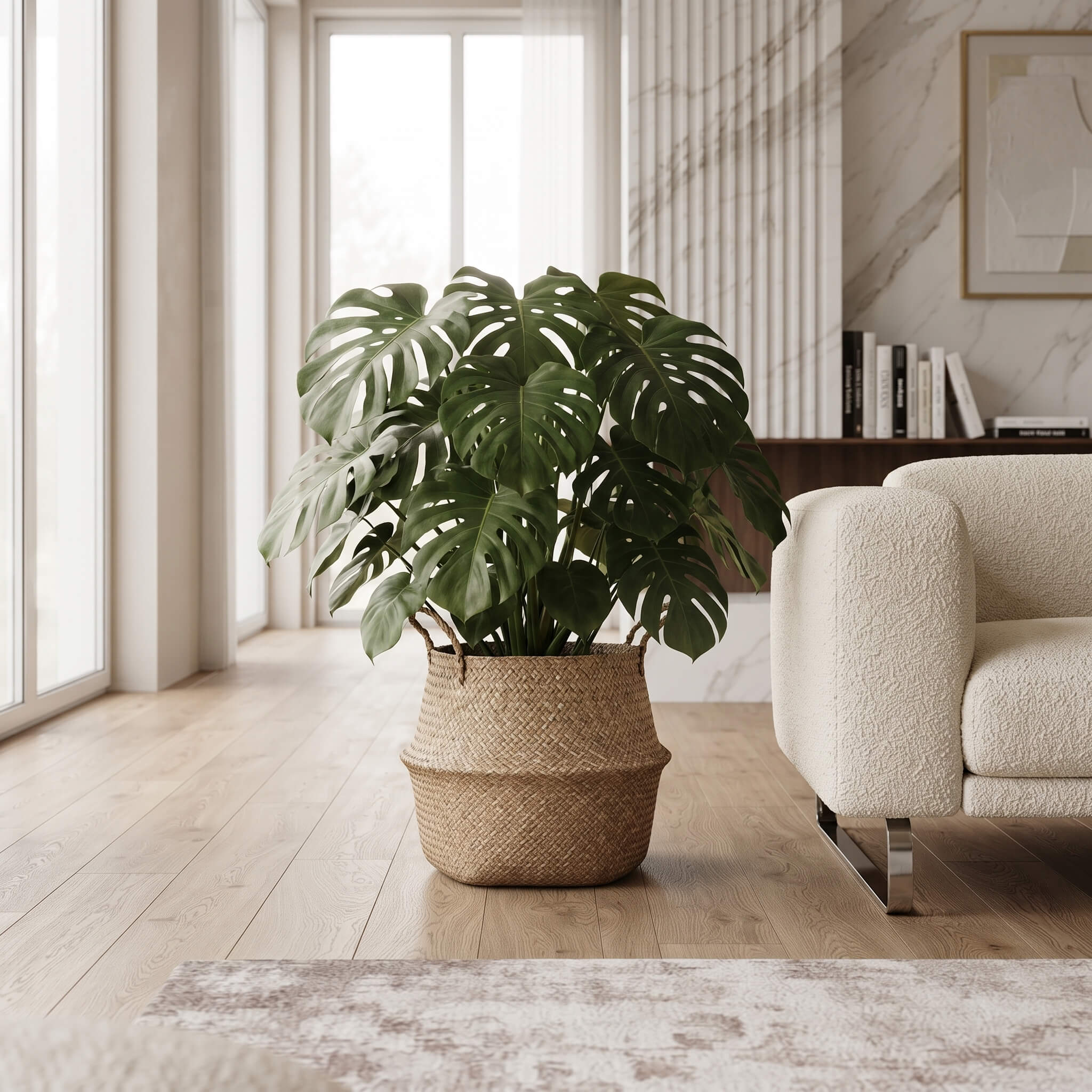A large green monstera plant in a woven natural fiber basket planter, placed in a bright, modern living room next to a cream boucle armchair.