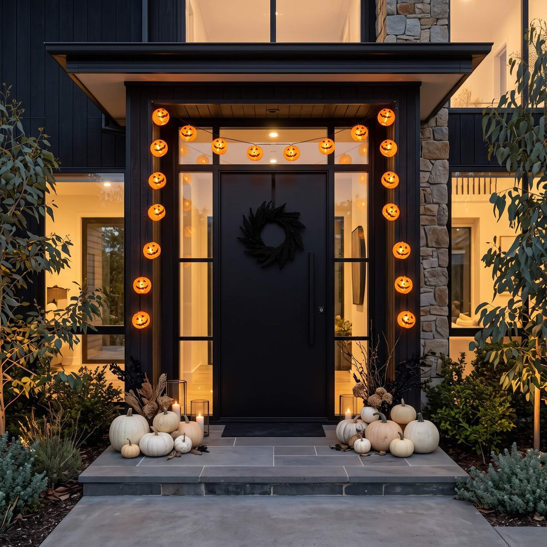 Pumpkin lantern lights framing a dark front door with white pumpkins