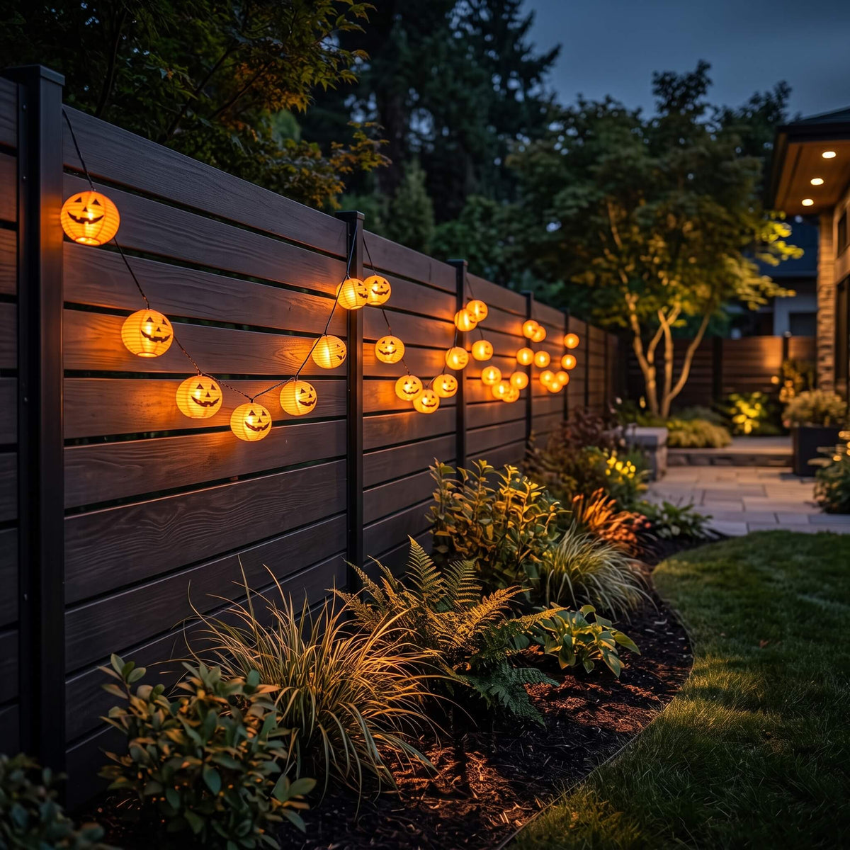 Solar pumpkin lanterns hung along a timber garden fence at night
