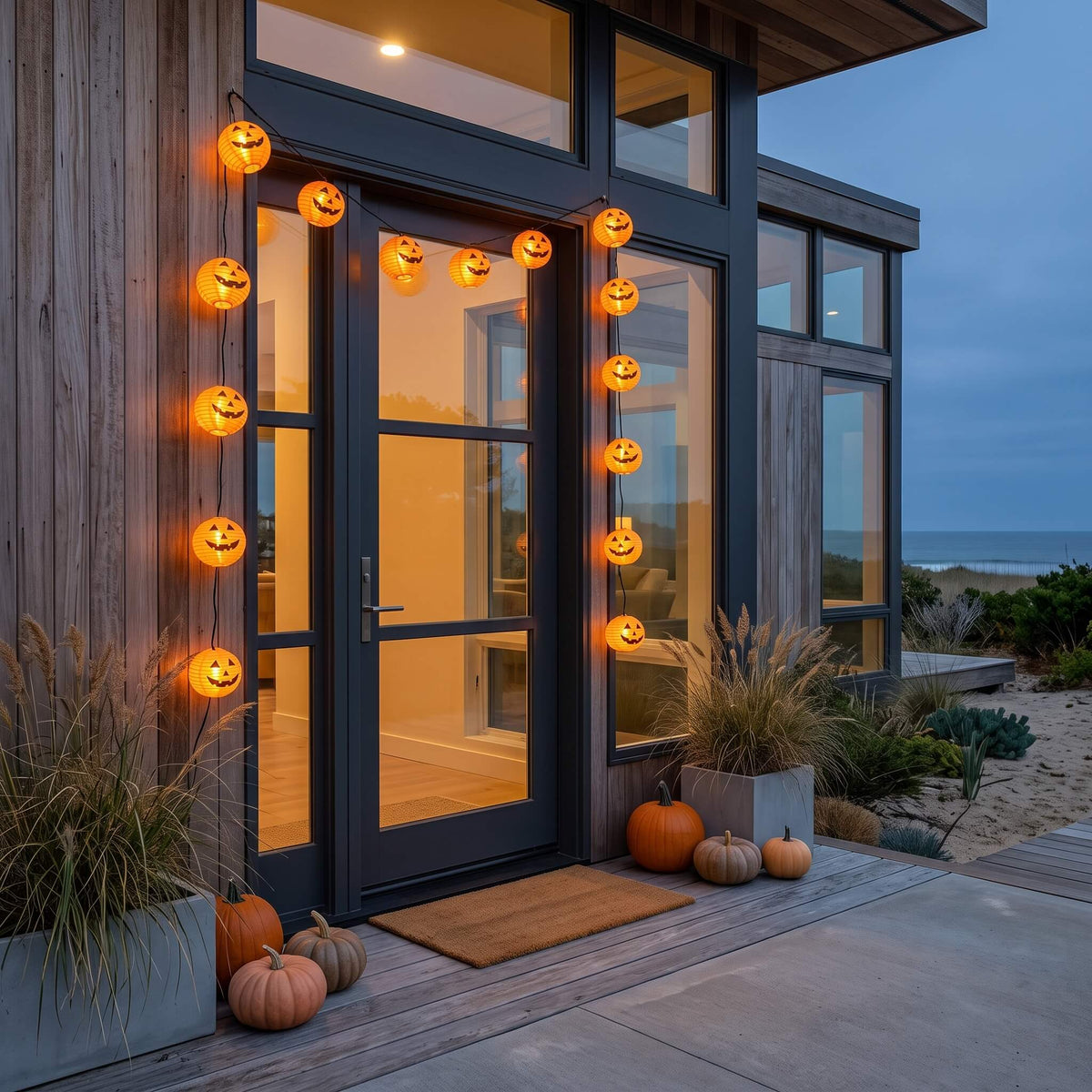 Pumpkin lantern lights around a glass entry door at twilight