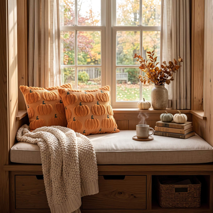 Pair of pumpkin cushion covers on a window seat