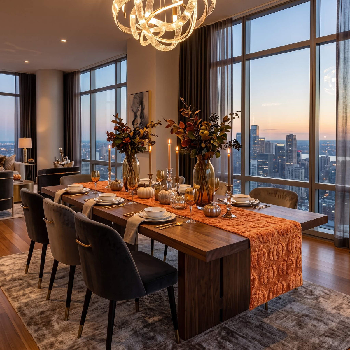 Pumpkin table runner on a long dining table in a city penthouse at dusk