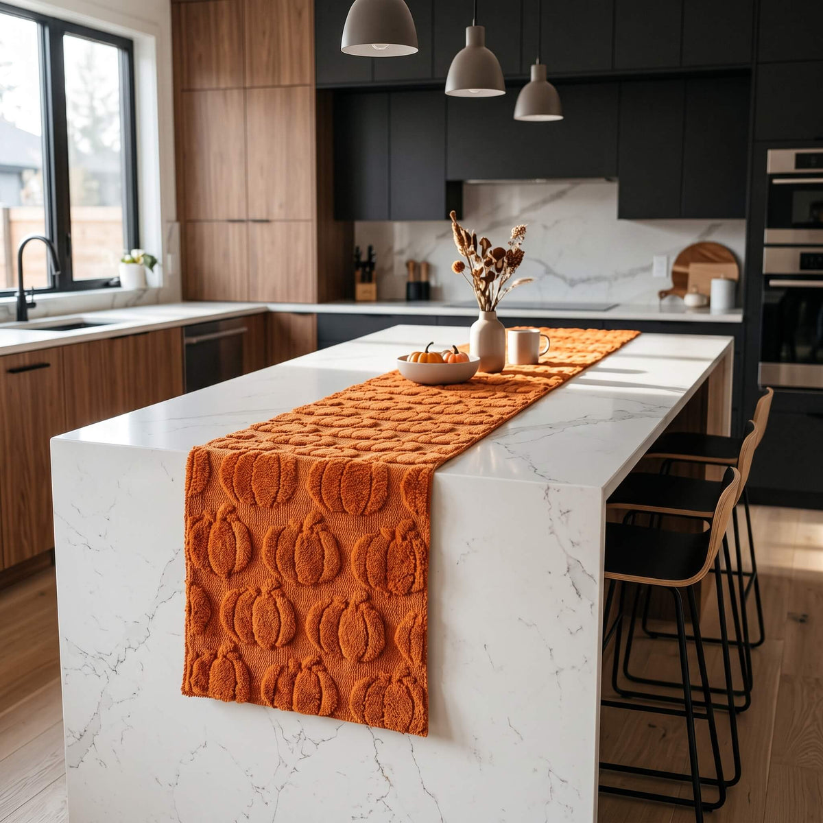 Pumpkin table runner running the length of a marble kitchen island