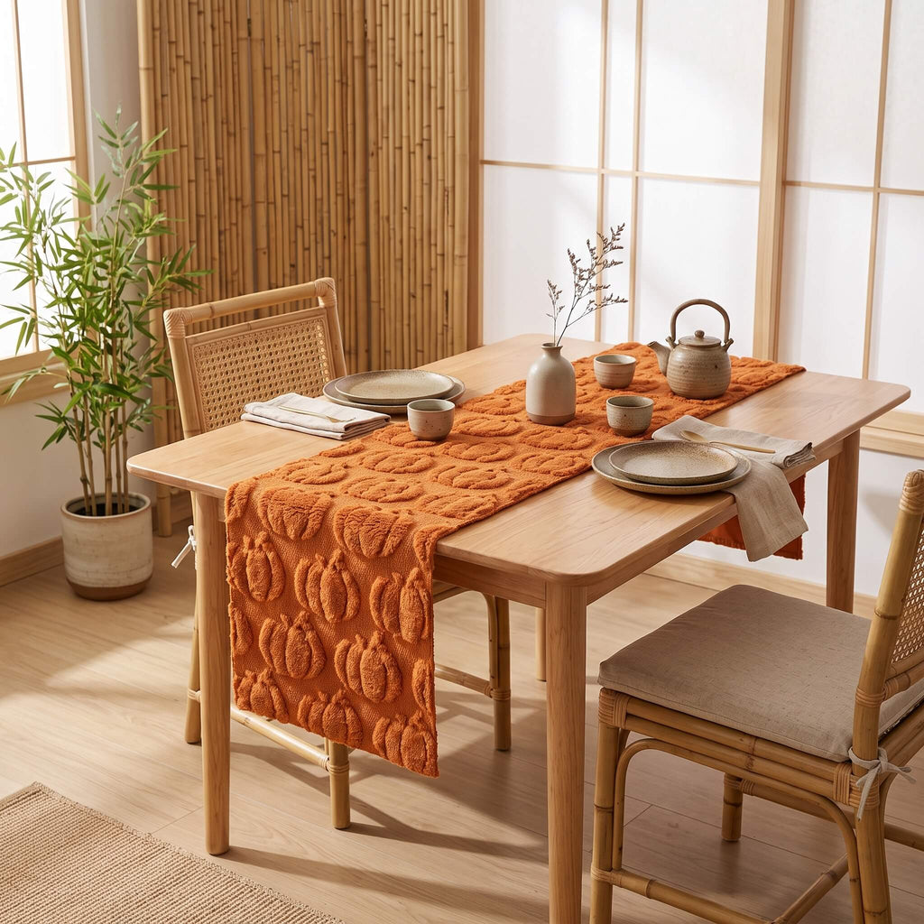 Caramel tufted pumpkin table runner on a timber dining table